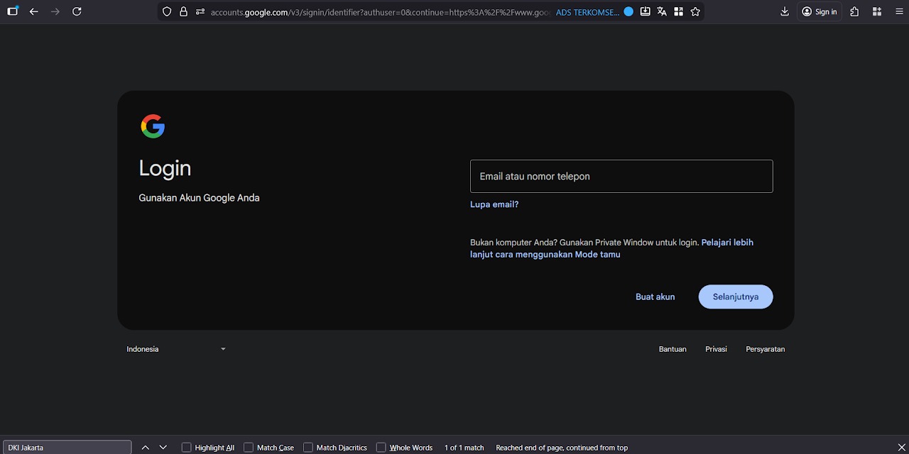 Halaman info login Google di Chrome