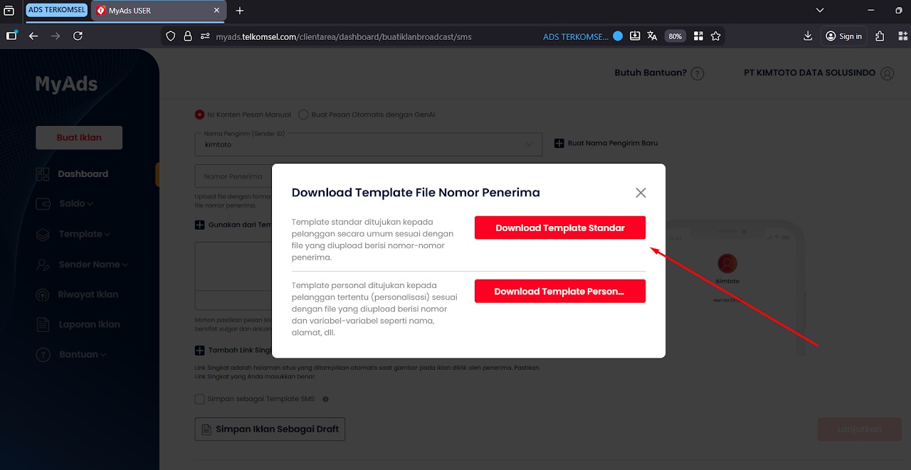 Isi template dengan nomor tujuan