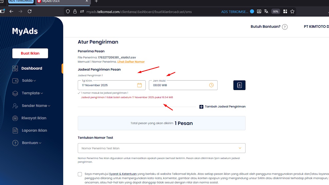 Nomor test dan persetujuan syarat ketentuan