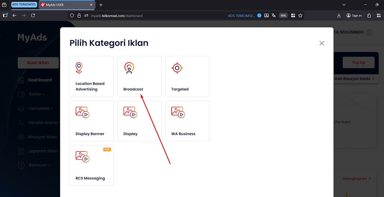 Pilih Broadcast untuk SMS