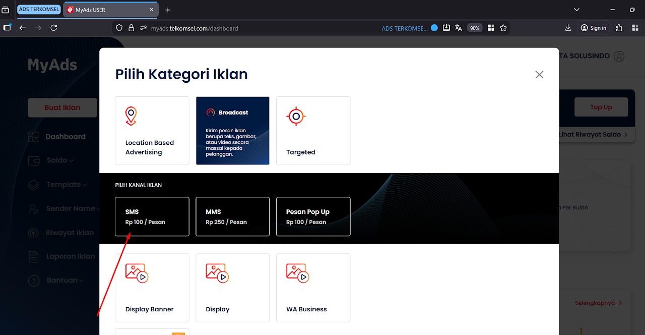 Pilihan produk SMS 100 perak