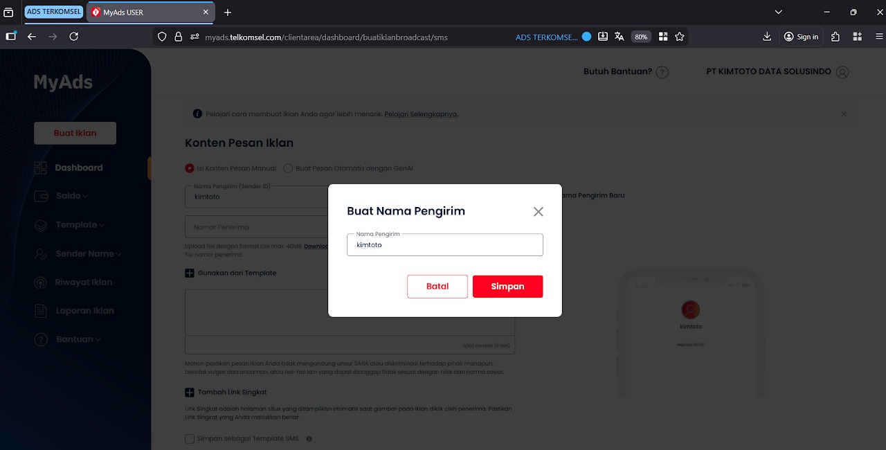 Form penambahan nama pengirim dan brand KIMTOTO